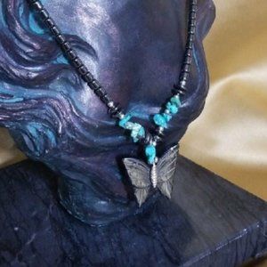 Hematite Butterfly Necklace with Turquoise Accents 18" Screw Barrel Closure
